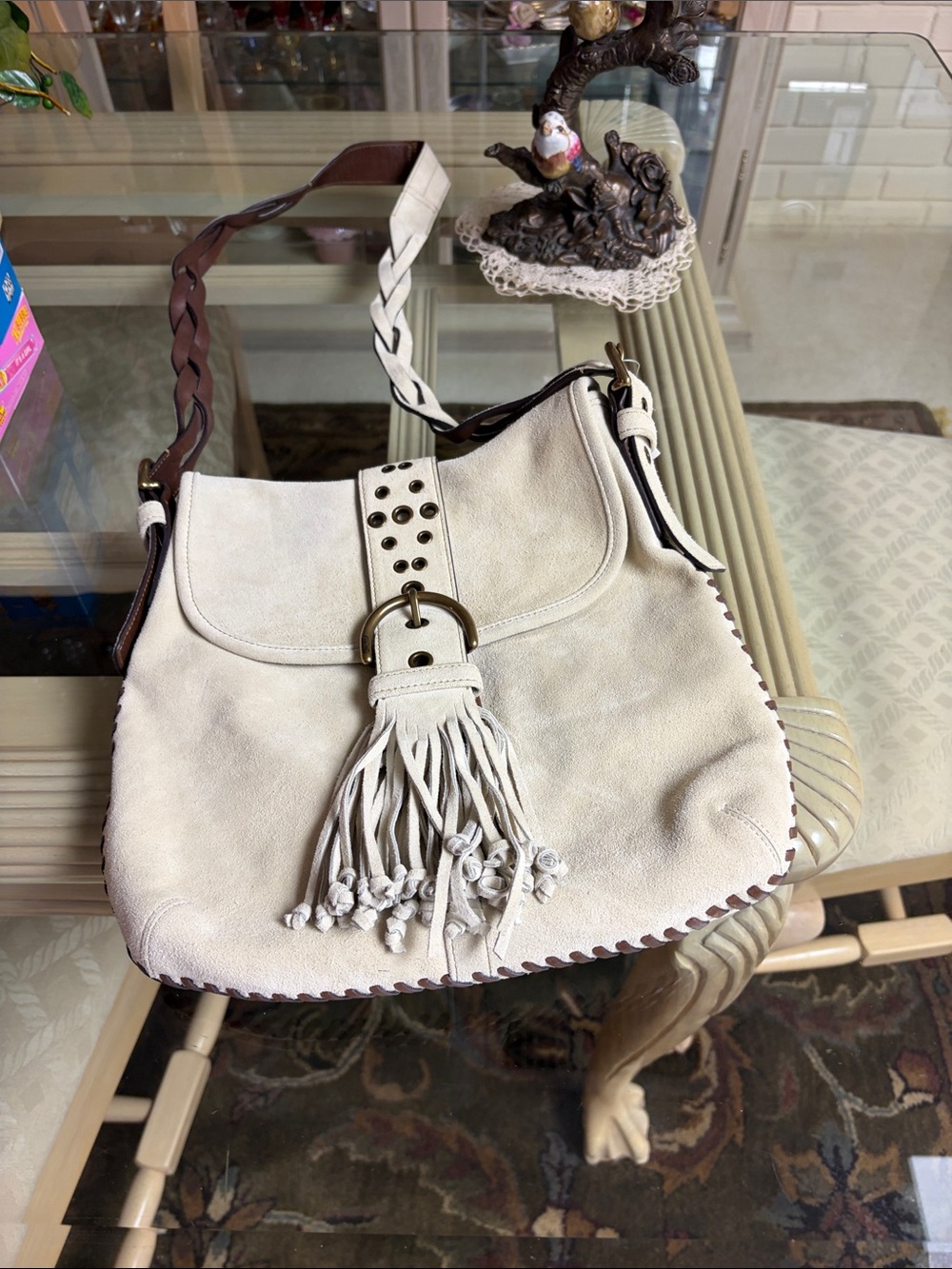 Coach Cream Suede Shoulder Bag with Brown Leather Trim